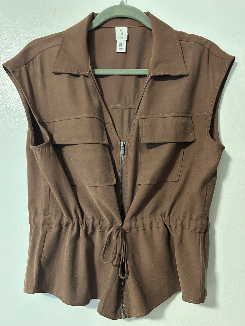Joie Brown Drawstring Zip Front Sleeveless Utility Top